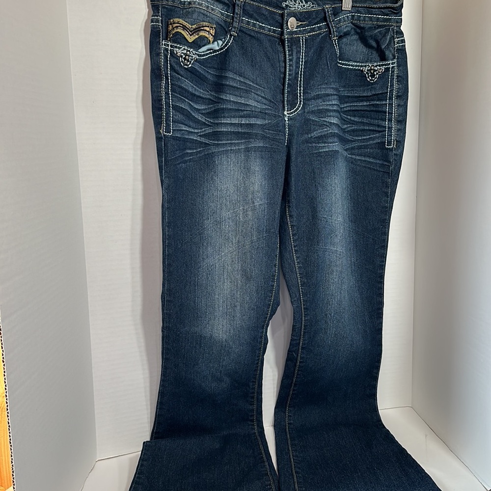 Dr denim dark blue thick stitch embellished jeans size 14 straight leg